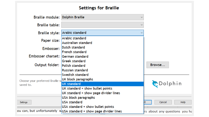 Screenshot showing settings for converting into a Braille Document.